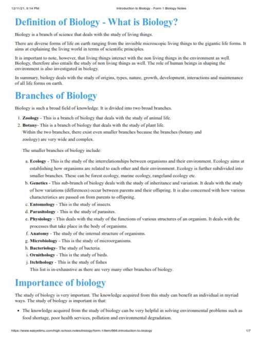 essays in biology form 1