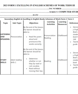 2023 FORM 1 EXCELLING IN  ENGLISH SCHEMES OF WORK TERM 3
