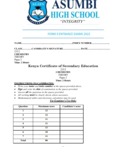 2023 ASUMBI GIRLS (ENTRANCE PRE – MOCK) – CHEMISTRY  PAPER 1 -3 EXAM WITH MS