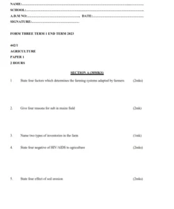 2023 Form 3 Agriculture Paper 1-2  End Term 1 Exam With MS