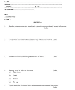 2023 Form 3 Agriculture Paper 2 End Term 1 Exam With MS