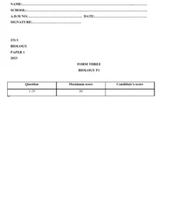2023 Form 3 Biology Paper 1 End Term 1 Exam With MS