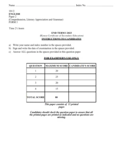 2023 Form 3  English  Paper 2 End Term 1 Exam