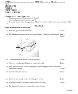 2023 Form 3  Geography Paper 1 End Term 1 Exam