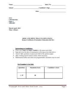 2023 ARISE AND SHINE PRE-MOCK CHEMISTRY   PAPER 1-3 TRIAL 1 EXAM  WITH MARKING SCHEMES