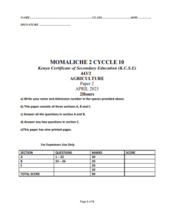 2023 FORM 4 AGRICULTURE  MOMALICHE CYCLE 10 PAPER 1-2 PRE – MOCK EXAMS WITH MARKING SCHEMES