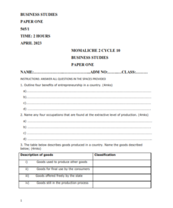 2023 FORM 4 BUSINESS STUDIES   MOMALICHE CYCLE 10 PAPER 1 PRE – MOCK EXAMS WITH MARKING SCHEMES