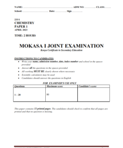 2023 FORM FOUR  CHEMISTRY PAPER 1-3 MOKASA I MOCK EXAMS WITH MARKING SCHEMES
