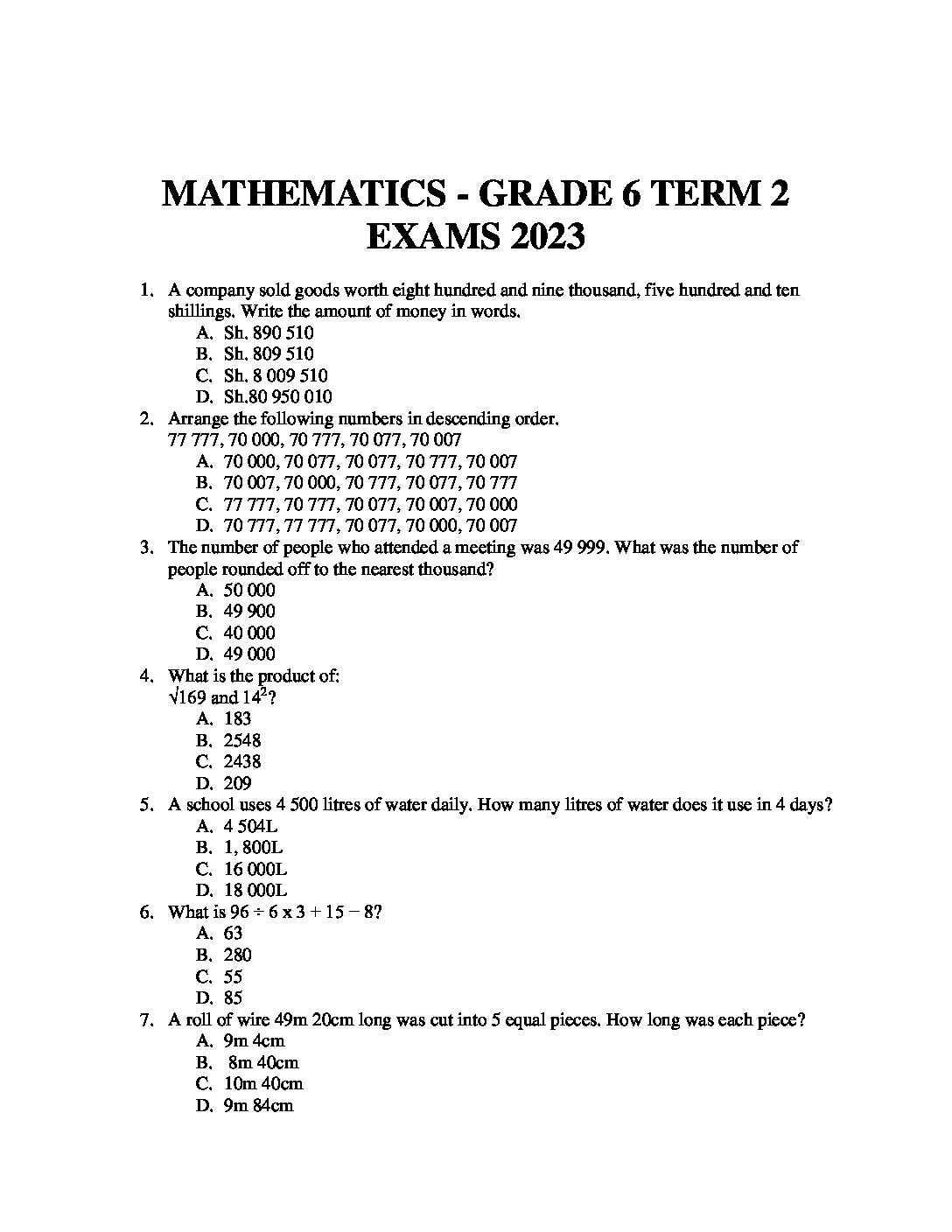 grade 6 maths assignment term 1 2020