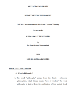 UCU 111: Introduction to Critical and Creative Thinking Notes - Kenyatta University