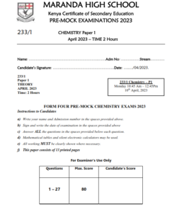 2023 Maranda High School Mock (April)- Chemistry  Paper 1-3 Examination with Marking Schemes