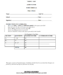 2023 Form 3 Agriculture End Term 2 Examination With Marking Schemes
