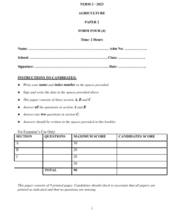 2023 Form 4 Agriculture Paper 2 End Term 2 Examination With Marking Schemes
