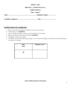 2023 Form 4 Biology Paper 1 End Term 2 Examination With Marking Schemes
