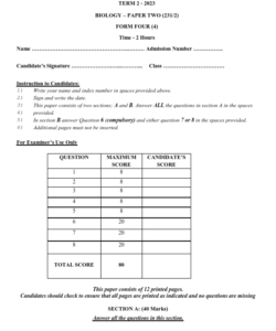 2023 Form 4 Biology Paper 2 End Term 2 Examination With Marking Schemes