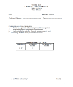 2023 Form 4 Chemistry Paper 1 End Term 2 Examination With Marking Schemes