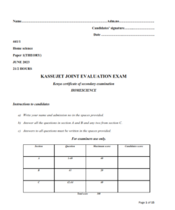 2023 KASSU JET EXAMINATION HOME SCIENCE   PAPER 1 -3 EXAM WITH MARKING SCHEMES