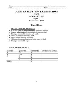 2023 Form 3 Agriculture Paper 1 End of Term 3 Examination With Marking Schemes