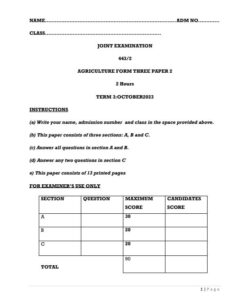 2023 Form 3 Agriculture Paper 2 End of Term 3 Examination With Marking Schemes