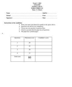 2023 Form 3 English  Paper 2 End of Term 3 Examination With Marking Schemes