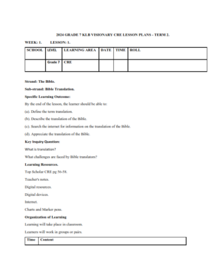 2024 GRADE 7 KLB VISIONARY CRE LESSON PLANS - TERM 2 - Elimu Cloud ...