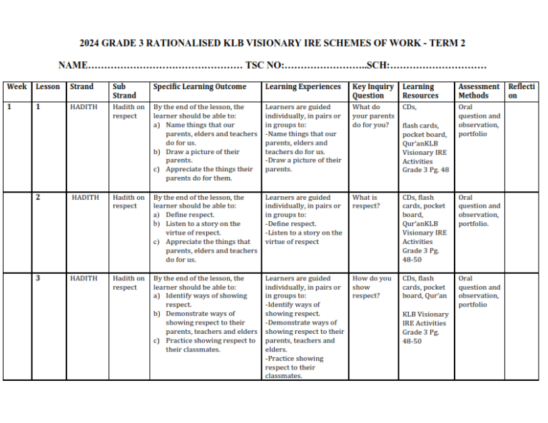 2024 GRADE 3 RATIONALISED KLB VISIONARY IRE SCHEMES OF WORK - TERM 2 ...