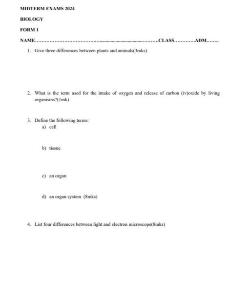 2024 Form 1 Biology Mid Term 2 Exam with marking Scheme - Elimu Cloud ...