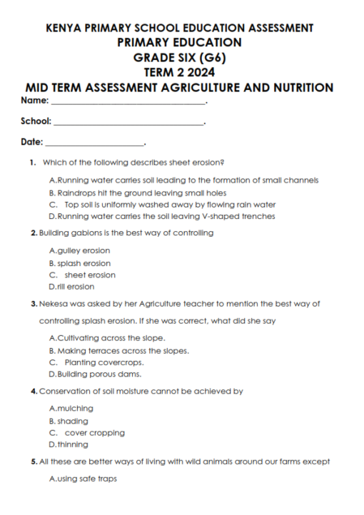 2024 Grade 6 Mid Term 2 Exams 2024 - Set 1 - Elimu Cloud | Notes, Exams ...