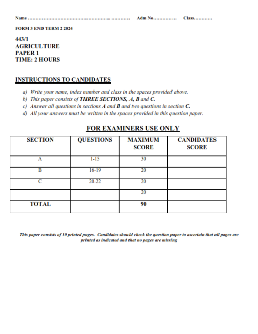 2024 FORM 3 AGRICULTURE PAPER 1-2 END TERM 2 EXAMS WITH MARKING SCHEMES ...