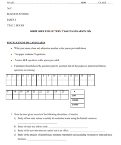 2024 FORM 4  BUSINESS STUDIES   PAPER 1-2 END TERM 2 EXAMINATIONS  WITH MARKING SCHEMES