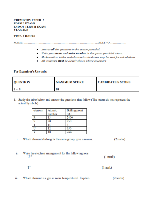 2024 FORM 3 CHEMISTRY PAPER 1-3 END TERM 2 EXAMS WITH MARKING SCHEMES ...