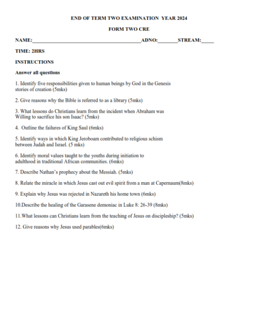 2024 FORM 2 CRE END TERM 2 EXAMS WITH MARKING SCHEME - Elimu Cloud ...
