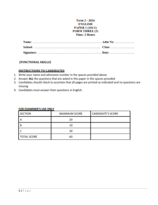 2024 FORM 3 ENGLISH PAPER 1-3 END TERM 2 EXAMS WITH MARKING SCHEMES ...