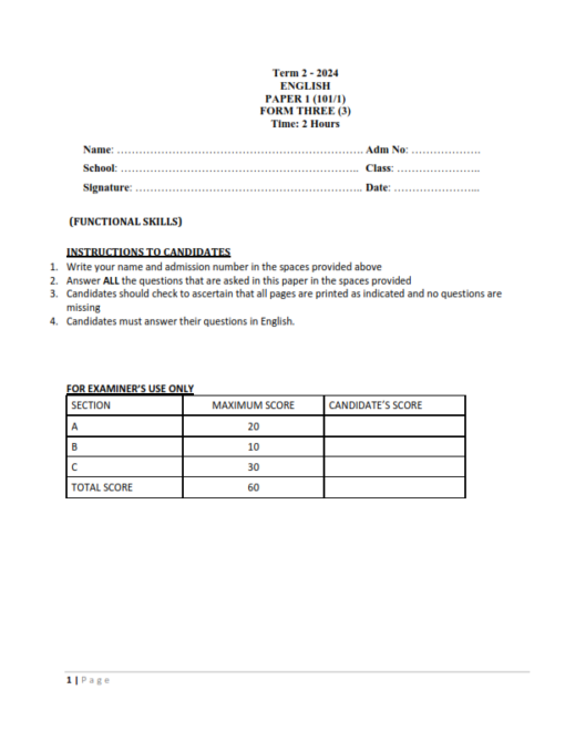 2024 FORM 3 ENGLISH PAPER 1-3 END TERM 2 EXAMS WITH MARKING SCHEMES ...