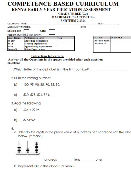 2024 GRADE 3 END TERM 2 EXAMINATIONS WITH MARKING SCHEMES – SET 1 ...