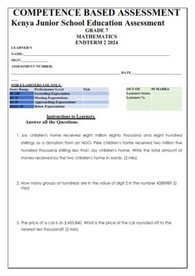2024 GRADE 7 MATHEMATICS END TERM 2 EXAMS WITH MARKING SCHEME - Elimu ...