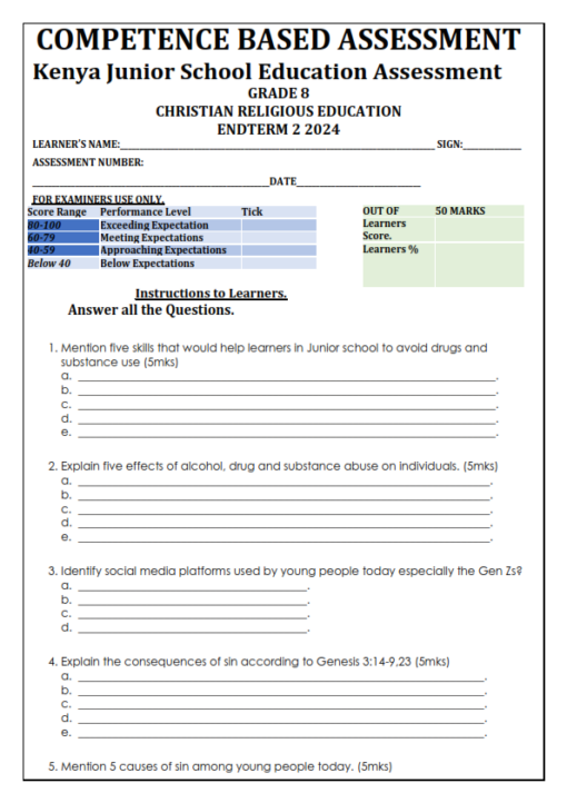 2024 GRADE 8 CRE END TERM 2 EXAMS WITH MARKING SCHEME - Elimu Cloud ...