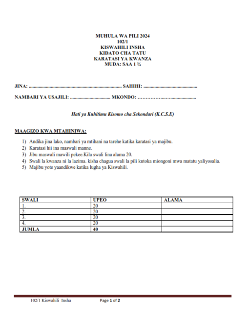 2024 FORM 3 KISWAHILI PAPER 1-3 END TERM 2 EXAMS WITH MARKING SCHEMES ...