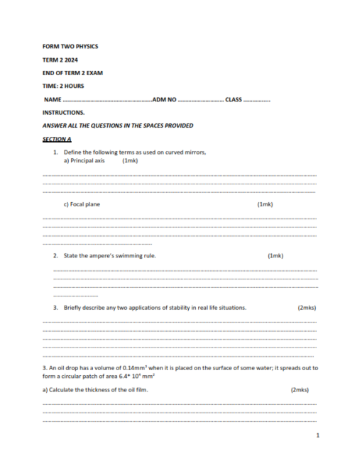2024 FORM 3 PHYSICS PAPER 1-3 END TERM 2 EXAMS WITH MARKING SCHEMES ...