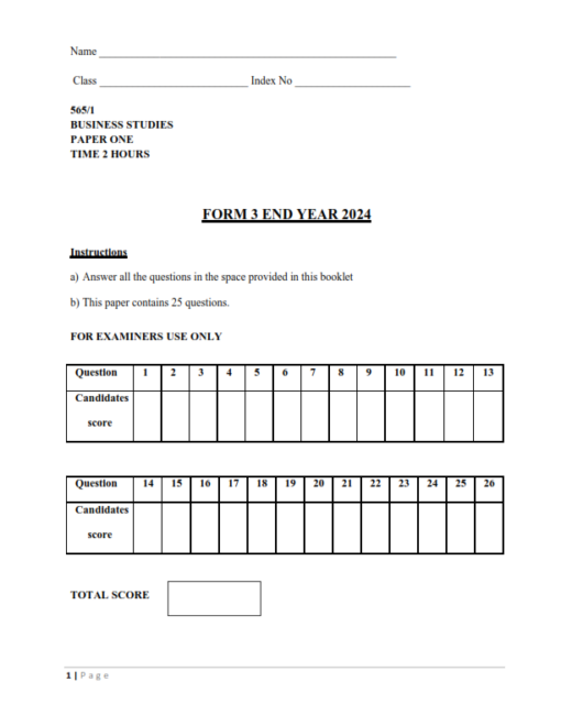 2024 Form 3 Business Studies Paper 1-2 End of Term 3 Exams with Marking ...