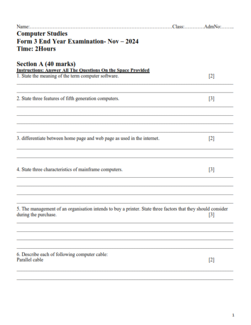 2024 Form 3 Computer Studies Paper 1-2 End of Term 3 Exams with Marking ...