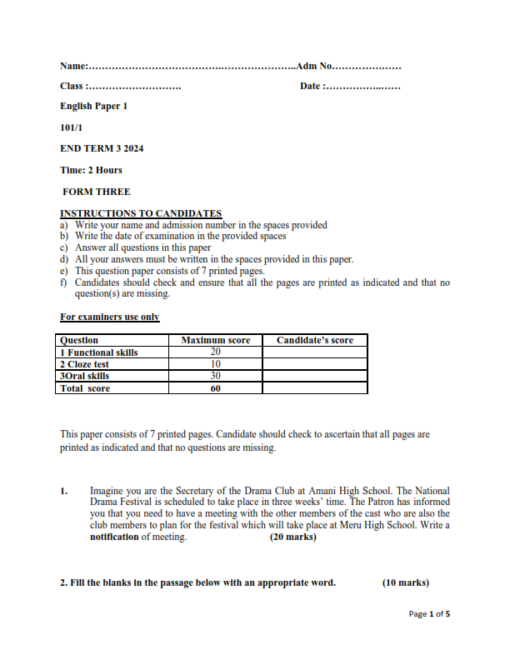 2024 Form 3 English Paper 1-3 End of Term 3 Exams with Marking Schemes ...