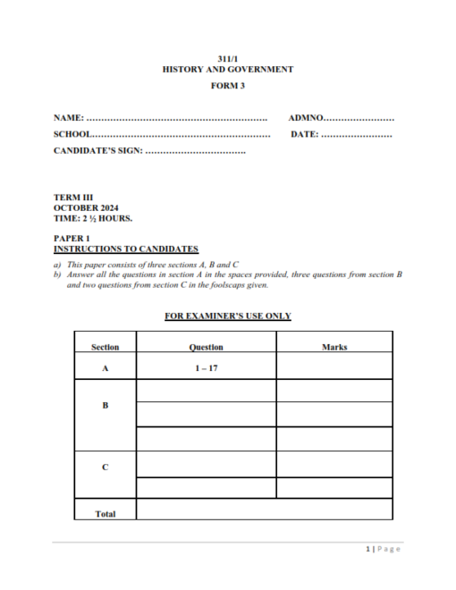 2024 Form 3 Histrory and Government Paper 1-2 End of Term 3 Exams with ...