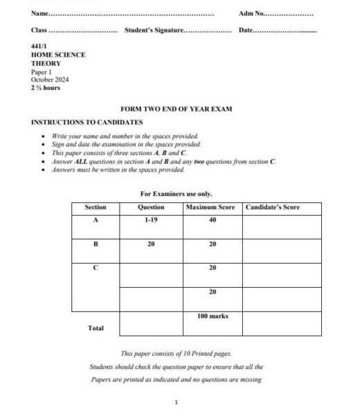 2024 Form 2 Home Science End of Term 3 Exams with Marking Scheme ...