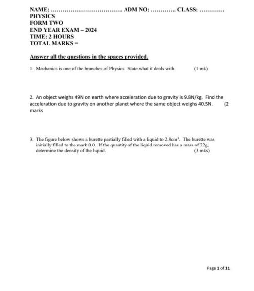 2024 Form 2 Physics End of Term 3 Exams with Marking Scheme - Elimu ...