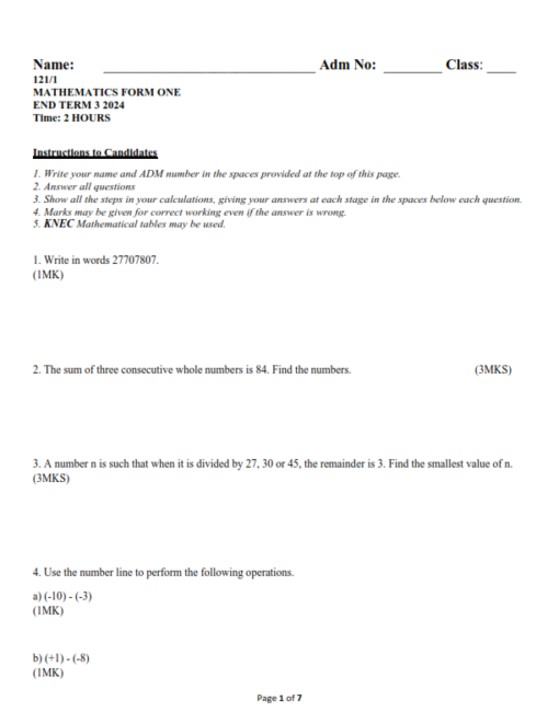2024 Form 1 Physics End of Term 3 Exams with Marking Schemes – Set 1 ...
