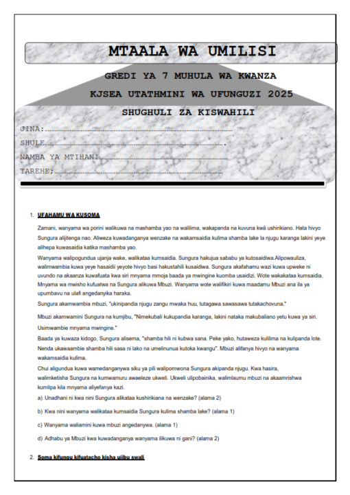 2025 Grade 7 Kiswahili Term 1 Opener Exam With Marking Scheme - Elimu ...