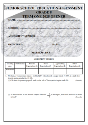 2025 GRADE 8 MATHEMATICS TERM 1 OPENER EXAMS WITH MARKING SCHEME ...