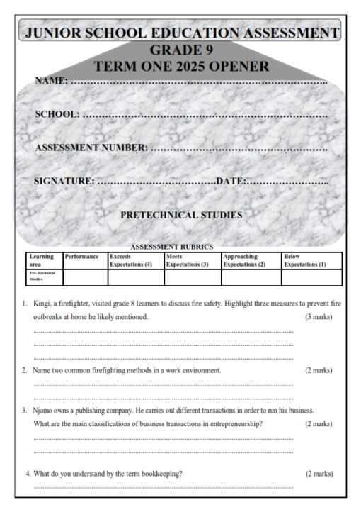2025 Grade 9 Pre-technical Studies Term 1 Opener Exam With Marking ...