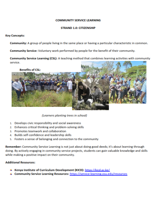 GRADE 10 CBC COMMUNITY SERVICE LEARNING NOTES - Elimu Cloud | Notes ...
